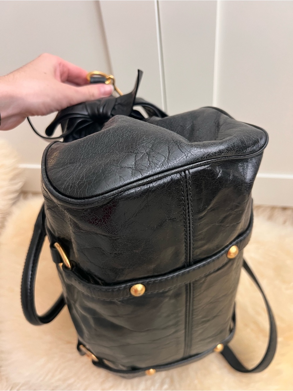 Miu Miu Vitello Lux Black Leather Side Ribbon Bow 2Way Shoulder Bag Archive Y2K - Picture 8 of 16